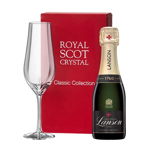 Mini Lanson Le Black Creation Champagne 20cl and Royal Scot Classic Collection Flute In Red Gift Box